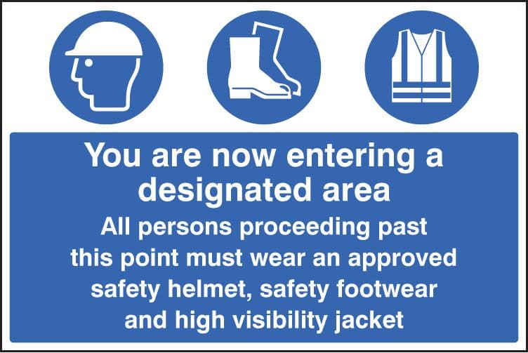 86236P Entering designated area helmet/footwear/jacket (600x400mm) Rigid PVC with SAV Backing