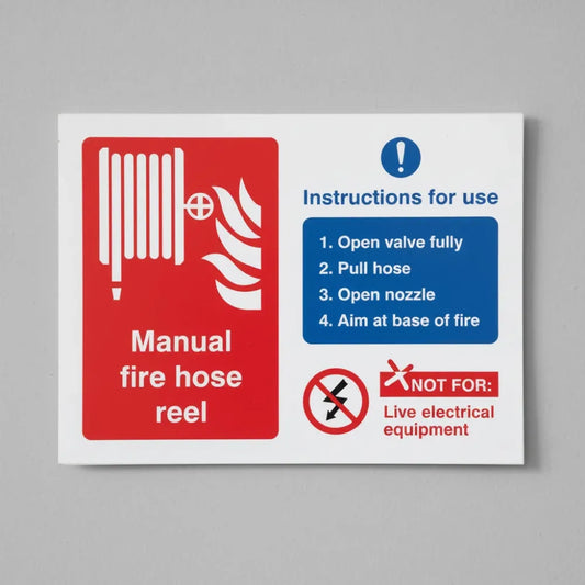 Manual fire hose reel with instructions for use