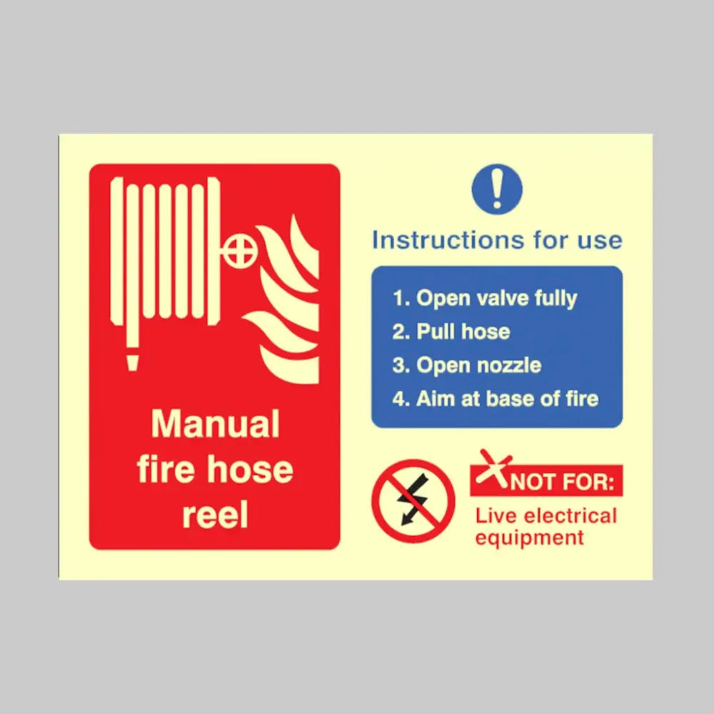31072E Manual fire hose reel with instructions for use Photoluminescent Rigid (200x150mm) Safety Sign