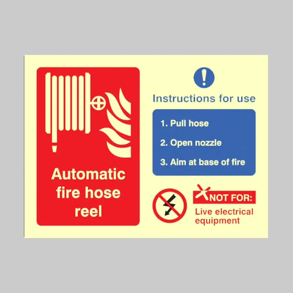 31073E Automatic fire hose reel with instructions for use Photoluminescent Rigid (200x150mm) Safety Sign