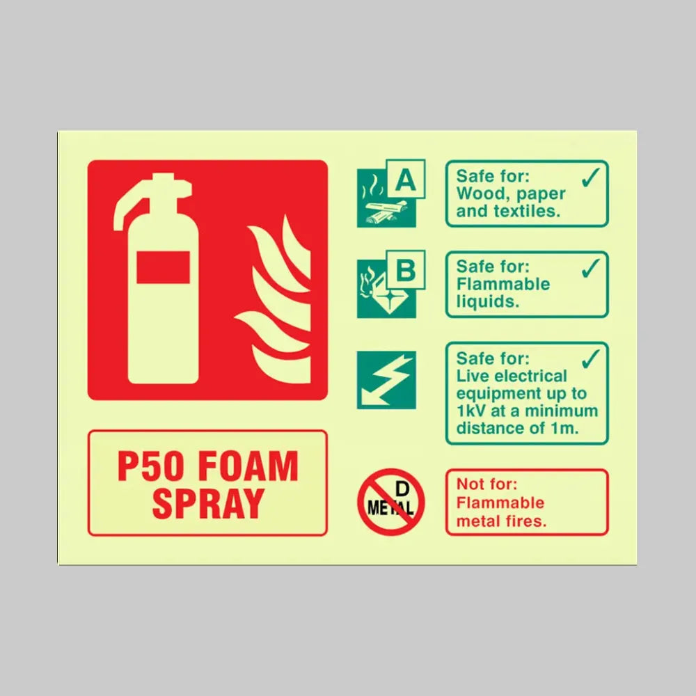 P50 Foam spray extinguisher identification - Photoluminescent Rigid - 75x200mm Safety Sign