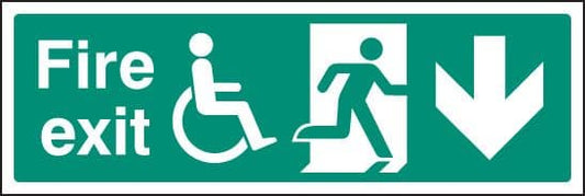 11227G Fire exit (running man, disabled symbol, arrow down) Rigid Plastic (300x100mm) Safety Sign