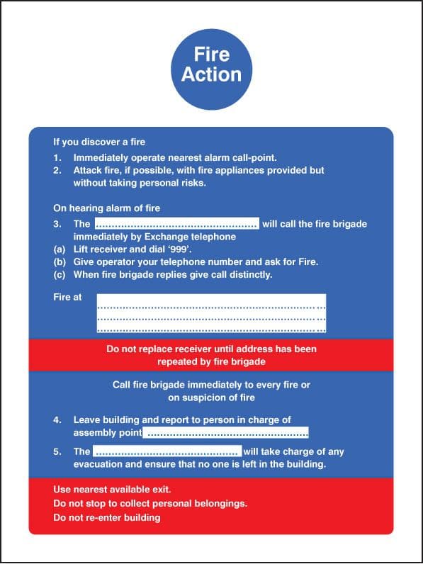 11401H Fire action (fire service dialled manually) Rigid Plastic (300x250mm) Safety Sign