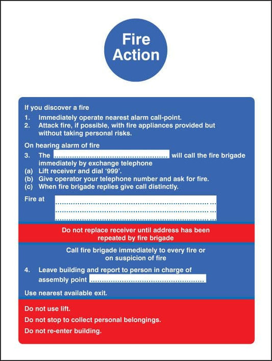 11402E Fire action with lift (fire service dialled manually) Rigid Plastic (200x150mm) Safety Sign