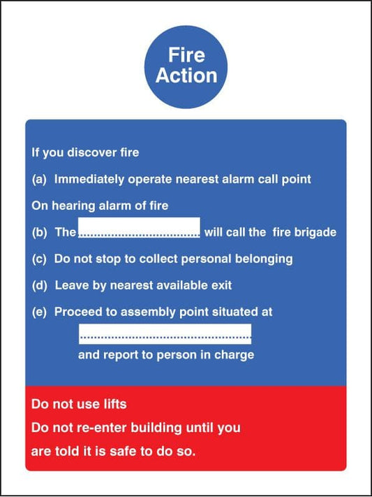 11403E Fire action standard (fire service dialled manually) Rigid Plastic (200x150mm) Safety Sign