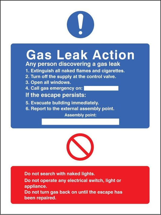 11431E Gas leak action Rigid Plastic (200x150mm) Safety Sign