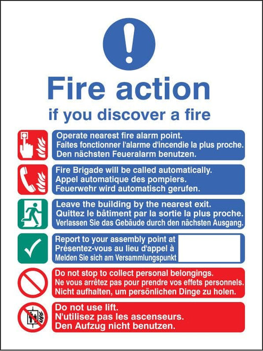 11435E Multi-lingual fire action auto with lift Rigid Plastic (200x150mm) Safety Sign