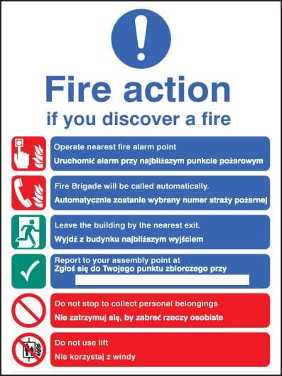 11440H Fire action auto dial with lift (English/polish) Rigid Plastic (300x250mm) Safety Sign