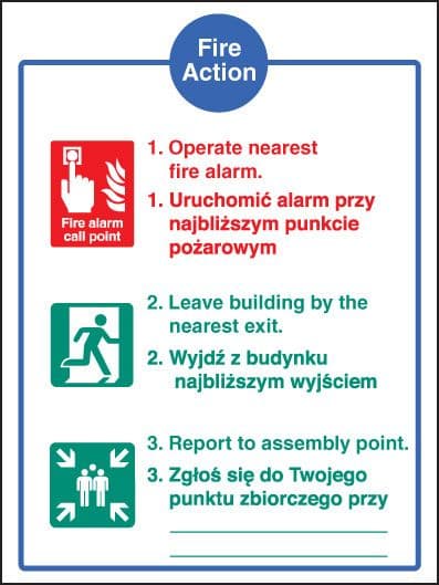 11441H Fire action auto dial without lift (English/polish) Rigid Plastic (300x250mm) Safety Sign