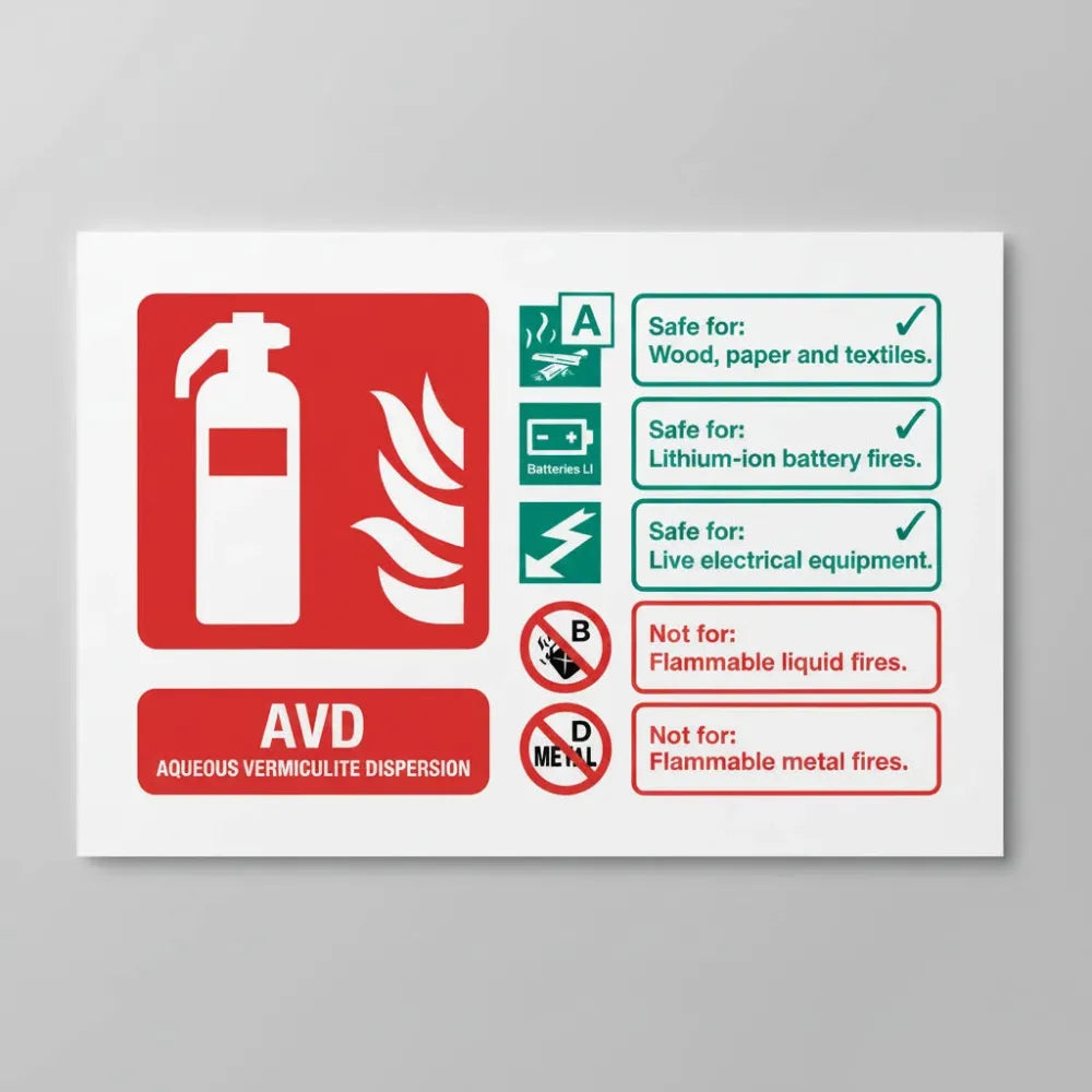 11202E AVD (lithium battery) extinguisher identification (semi rigid pvc safety sign) Rigid Plastic (200x150mm) Safety Sign