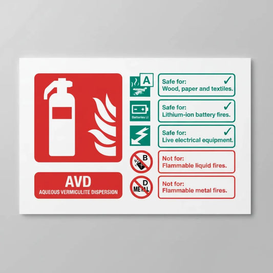 11202E AVD (lithium battery) extinguisher identification (semi rigid pvc safety sign) Rigid Plastic (200x150mm) Safety Sign