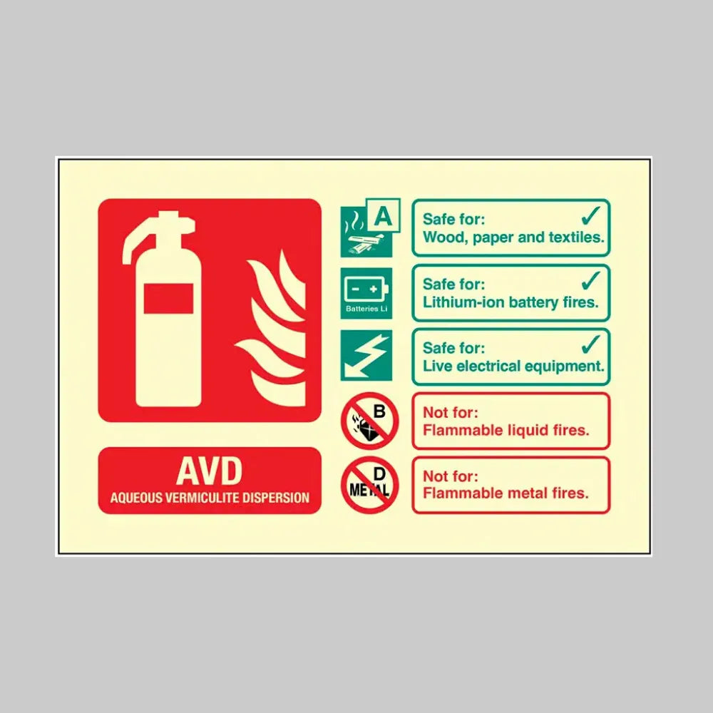 31202E AVD (lithium battery) extinguisher identification (rigid glow in the dark safety sign) Photoluminescent Rigid (200x150mm) Safety Sign