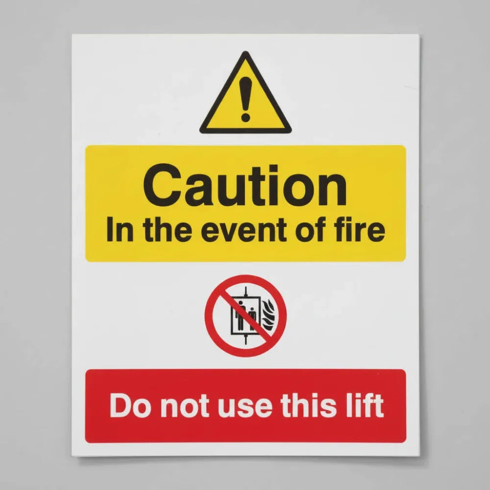 21213Y Caution in the event of fire do not use this lift Self Adhesive Vinyl (200x300mm) Safety Sign