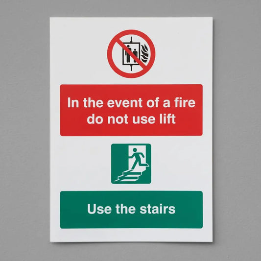11248Y In the event of fire do not use lift, use stairs Rigid Plastic (200x300mm) Safety Sign