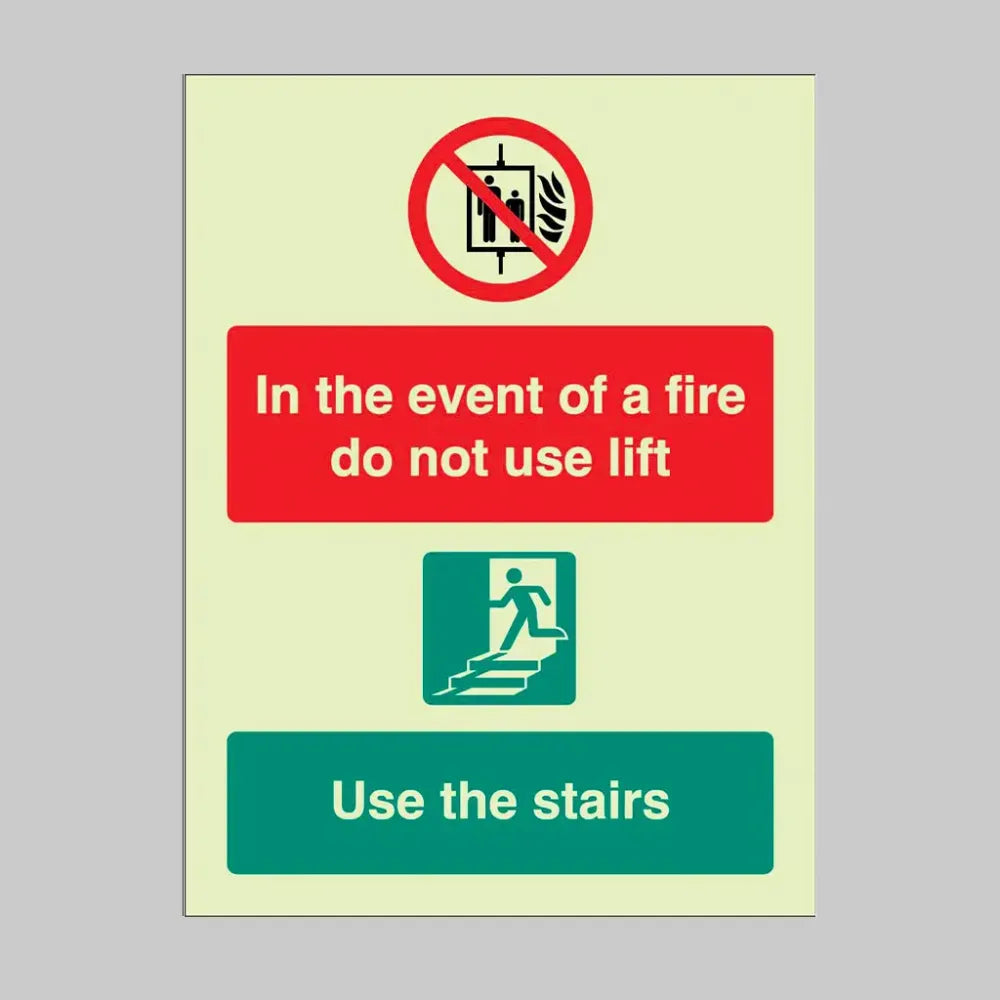 41248Y In the event of fire do not use lift, use stairs Photoluminescent S/A Vinyl (200x300mm) Safety Sign