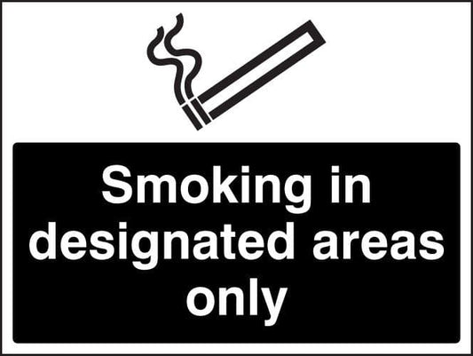 13248K Smoking in designated areas only (white/black) Rigid Plastic (400x300mm) Safety Sign