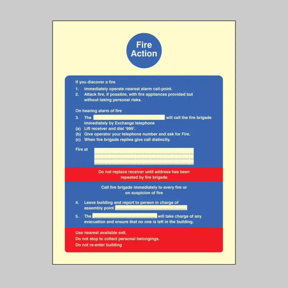 31401Y Fire action brigade dialled manually Photoluminescent Rigid (200x300mm) Safety Sign