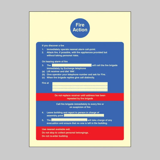 31401Y Fire action brigade dialled manually Photoluminescent Rigid (200x300mm) Safety Sign