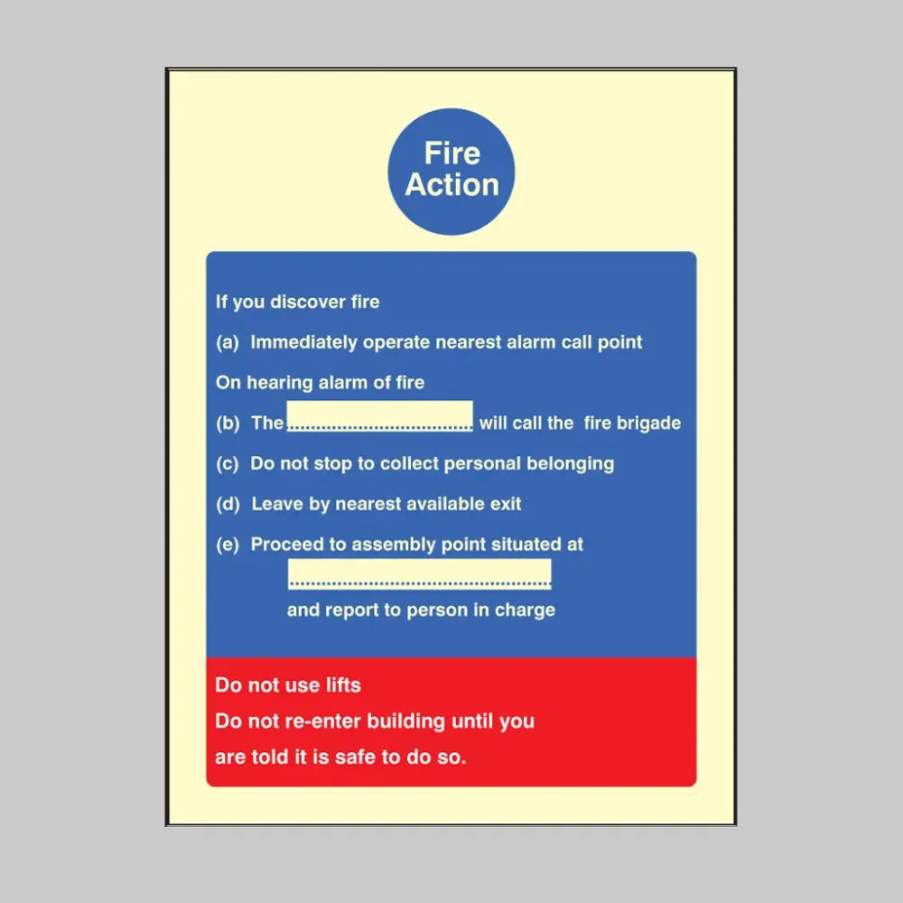 31403Y Fire action brigade dialled manually Photoluminescent Rigid (200x300mm) Safety Sign