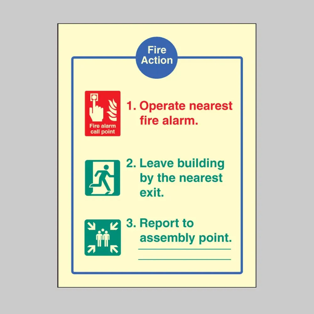 31405Y Fire action brigade dialled manually Photoluminescent Rigid (200x300mm) Safety Sign