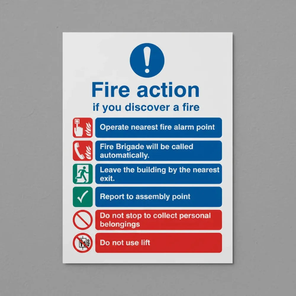 81408Y Fire action auto dial with lift Quick-Fix Rigid PVC with SAV Backing (200x300mm) Safety Sign