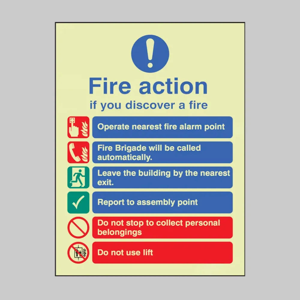 41408Y Fire action auto dial with lift Photoluminescent S/A Vinyl (200x300mm) Safety Sign