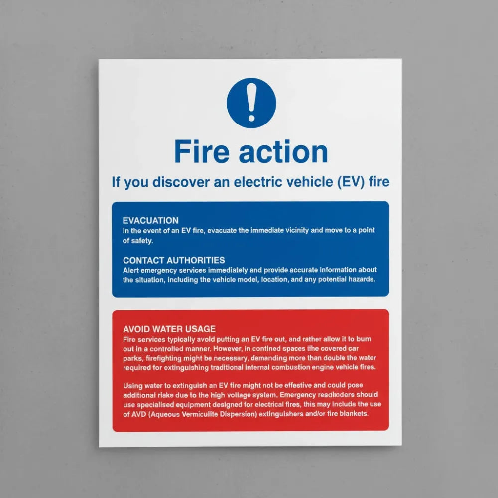21409H Fire action notice - electric vehicles (self adhesive vinyl safety label) Self Adhesive Vinyl (300x250mm) Safety Sign