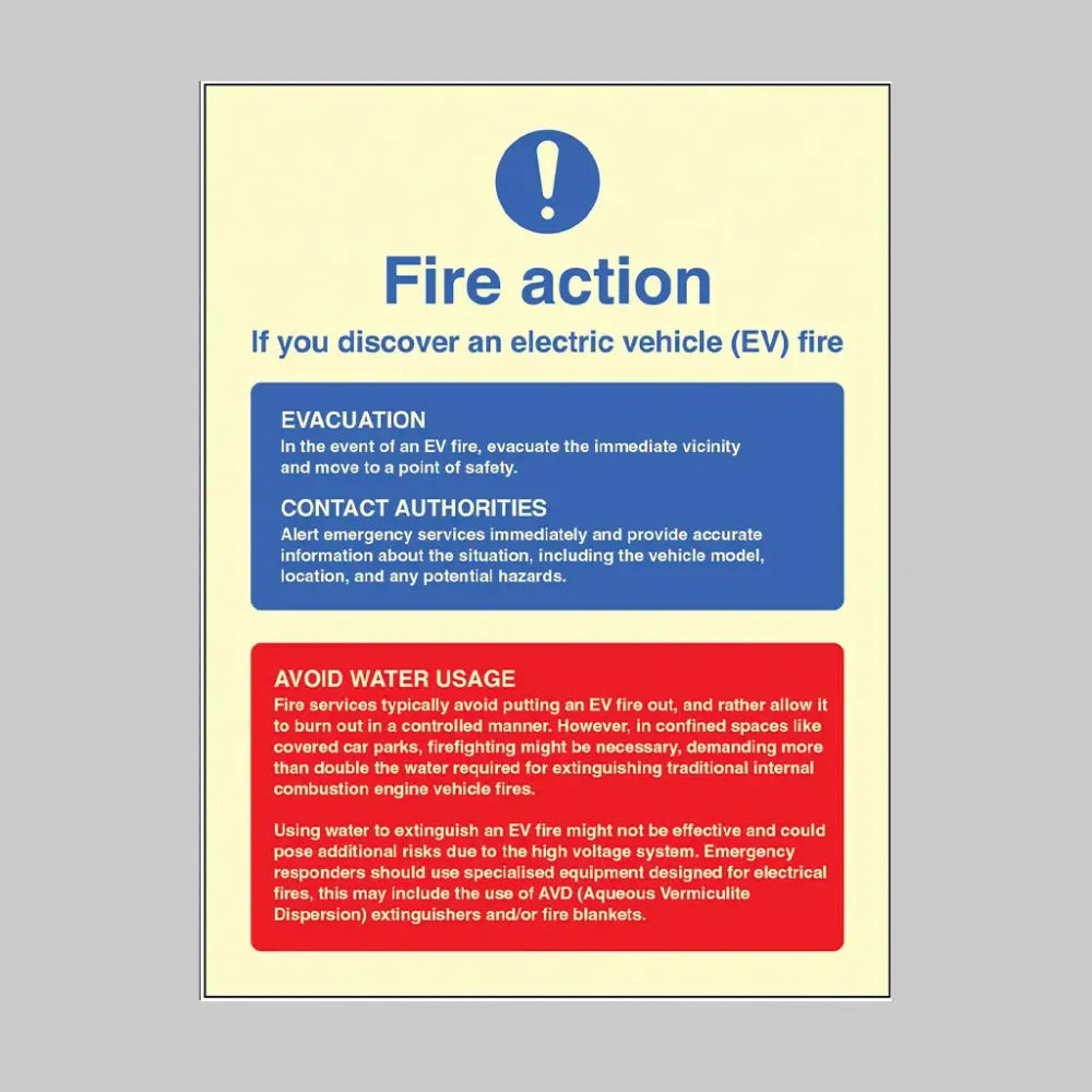 31409Y Fire action notice - electric vehicles (rigid glow in the dark safety sign) Photoluminescent Rigid (200x300mm) Safety Sign