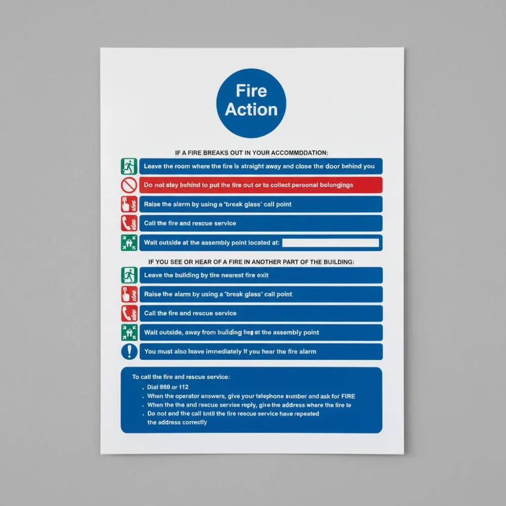 81414Y Action notice for housing with communal fire alarm and simultaneous evacuation strategy Quick-Fix Rigid PVC with SAV Backing (200x300mm) Safety Sign