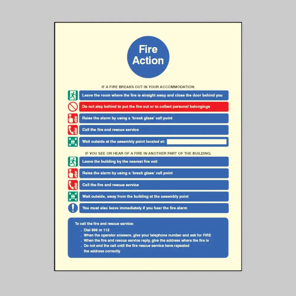 31414Y Action notice for housing with communal fire alarm and simultaneous evacuation strategy Photoluminescent Rigid (200x300mm) Safety Sign
