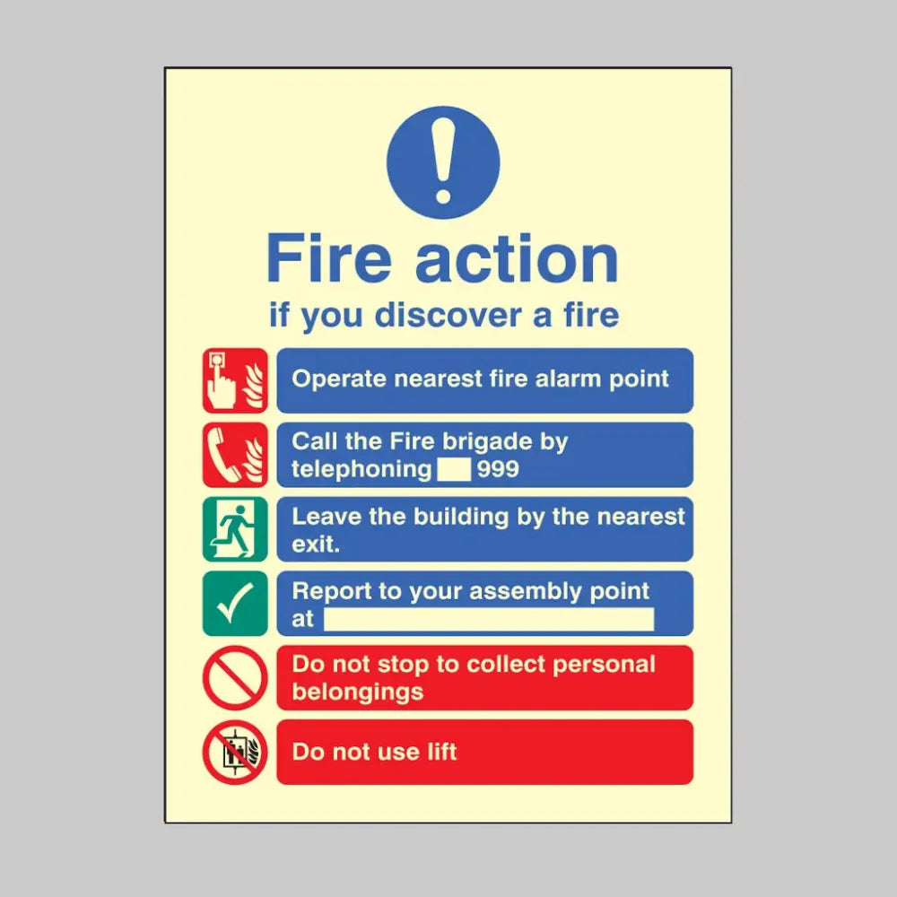 31419Y Fire action brigade dialled manually lift in building Photoluminescent Rigid (200x300mm) Safety Sign