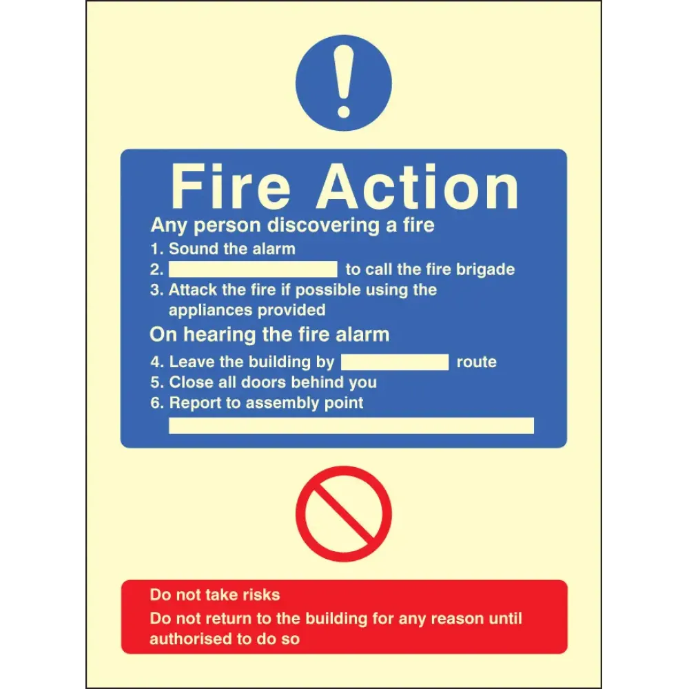 41423Y General fire action no lift Photoluminescent S/A Vinyl (200x300mm) Safety Sign