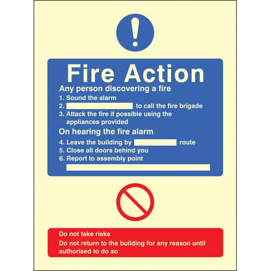 31423Y General fire action no lift Photoluminescent Rigid (200x300mm) Safety Sign