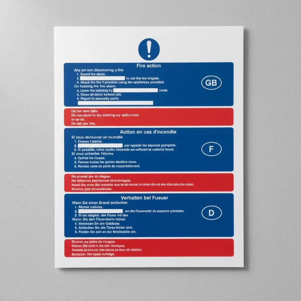 11424Y Multi-lingual fire action (English, French & German) Rigid Plastic (200x300mm) Safety Sign