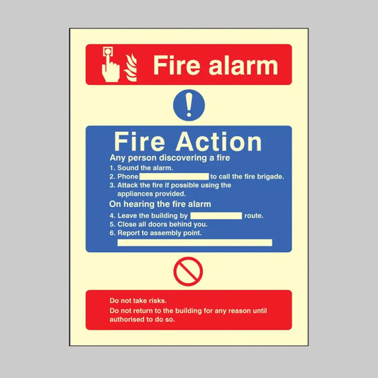 31427Y Fire action/call point without lift Photoluminescent Rigid (200x300mm) Safety Sign