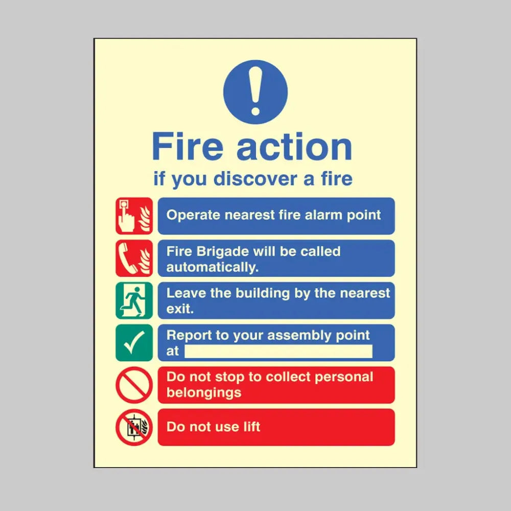 31428Y Fire action brigade dialled automatically with lift Photoluminescent Rigid (200x300mm) Safety Sign
