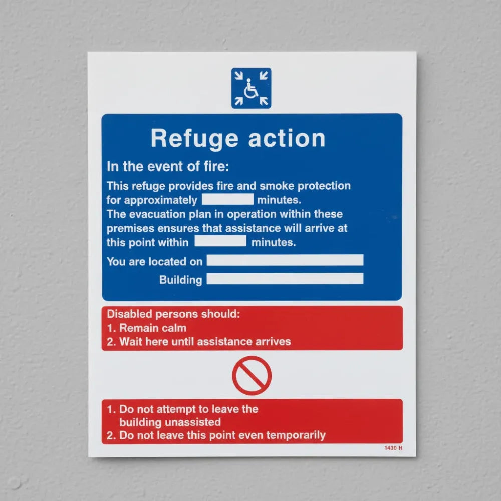 21430Y Refuge action in the event of fire Self Adhesive Vinyl (200x300mm) Safety Sign