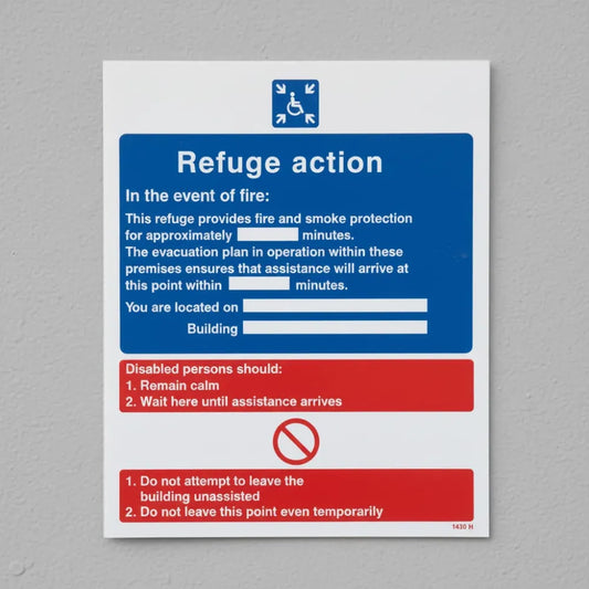 21430Y Refuge action in the event of fire Self Adhesive Vinyl (200x300mm) Safety Sign