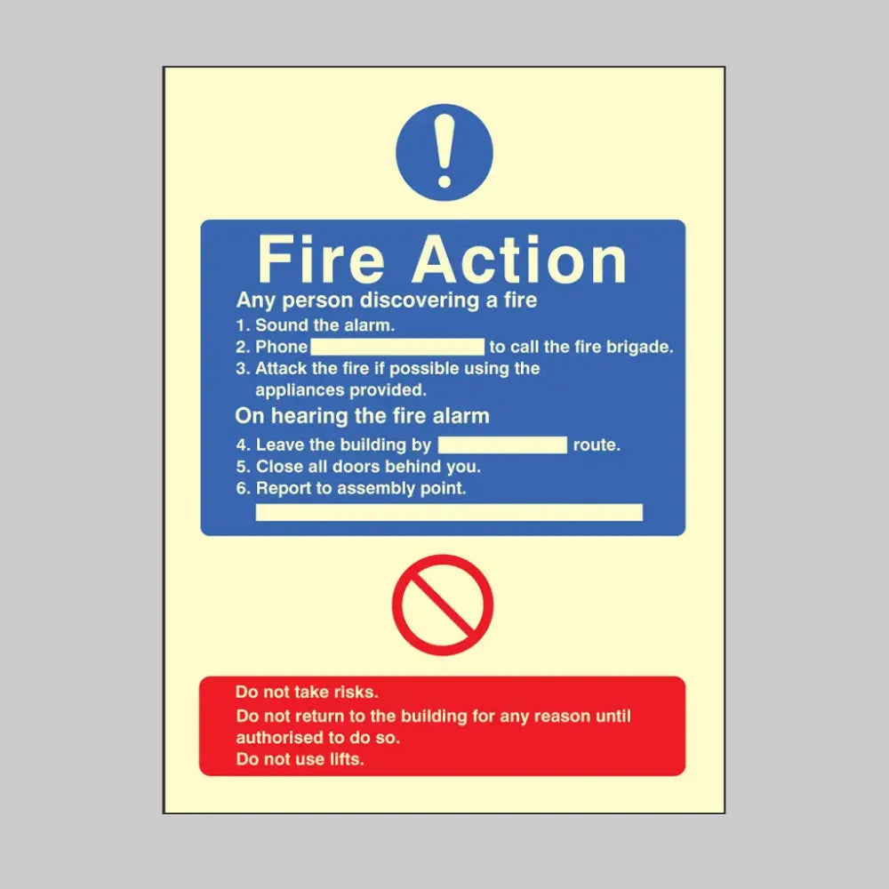 41432Y General fire action with lift Photoluminescent S/A Vinyl (200x300mm) Safety Sign