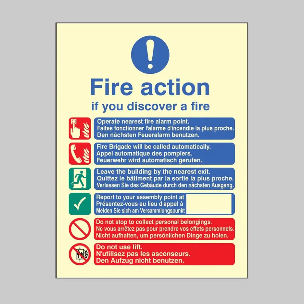 31435Y Multi-lingual fire action auto with lift (English, French & German) Photoluminescent Rigid (200x300mm) Safety Sign
