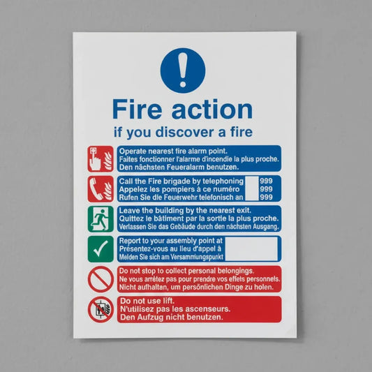 Multi-lingual fire action manual lift (English, French & German)