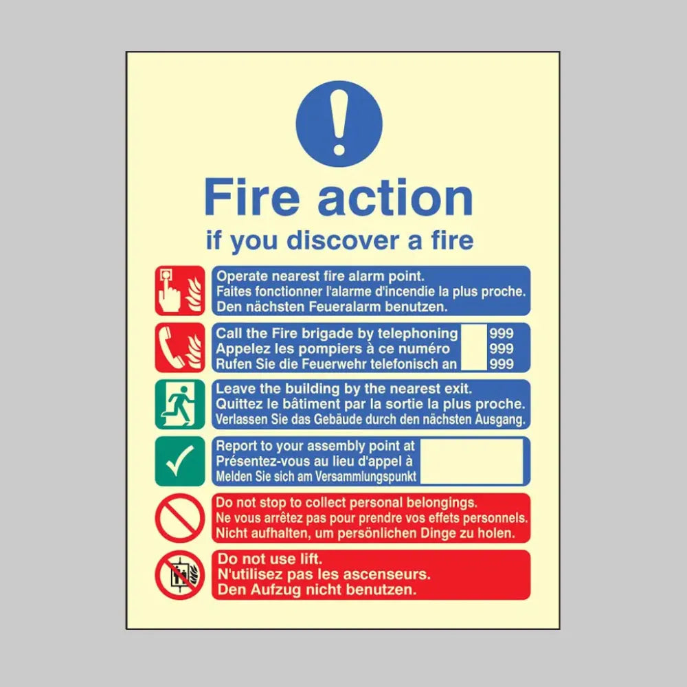 31436Y Multi-lingual fire action manual lift (English, French & German) Photoluminescent Rigid (200x300mm) Safety Sign
