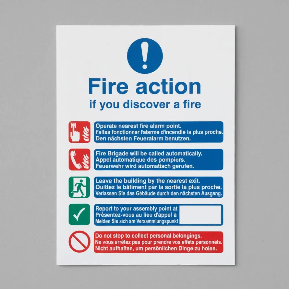 11437Y Multi-lingual fire action manual no lift (English, French & German) Rigid Plastic (200x300mm) Safety Sign