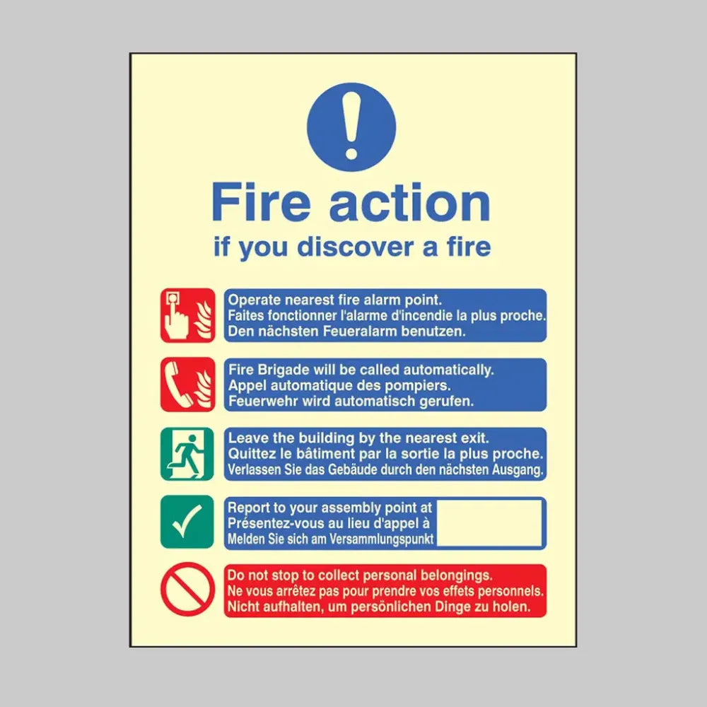 31437Y Multi-lingual fire action manual no lift (English, French & German) Photoluminescent Rigid (200x300mm) Safety Sign