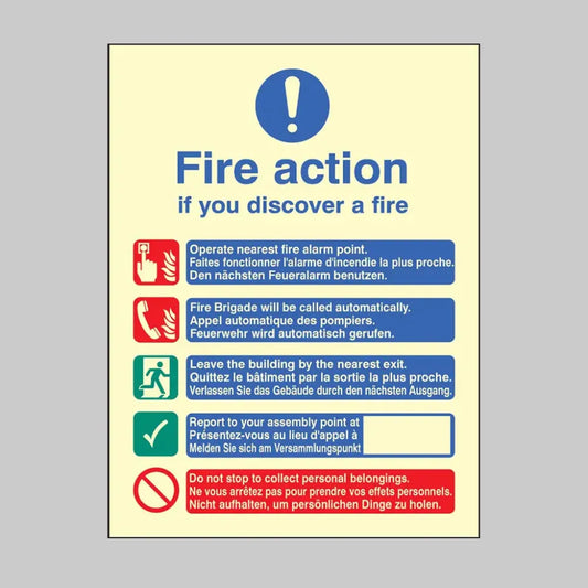 31437Y Multi-lingual fire action manual no lift (English, French & German) Photoluminescent Rigid (200x300mm) Safety Sign