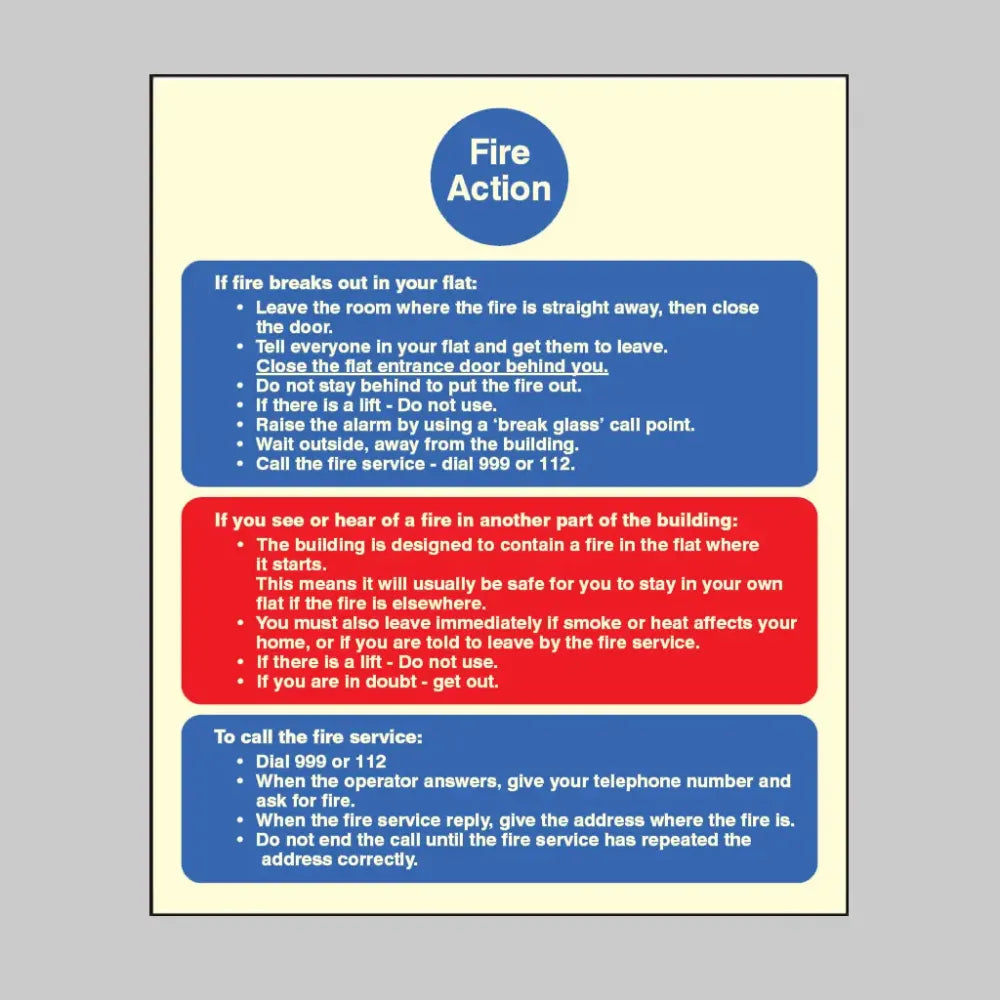41438Y Fire action notice (stay put) for flats Photoluminescent S/A Vinyl (200x300mm) Safety Sign