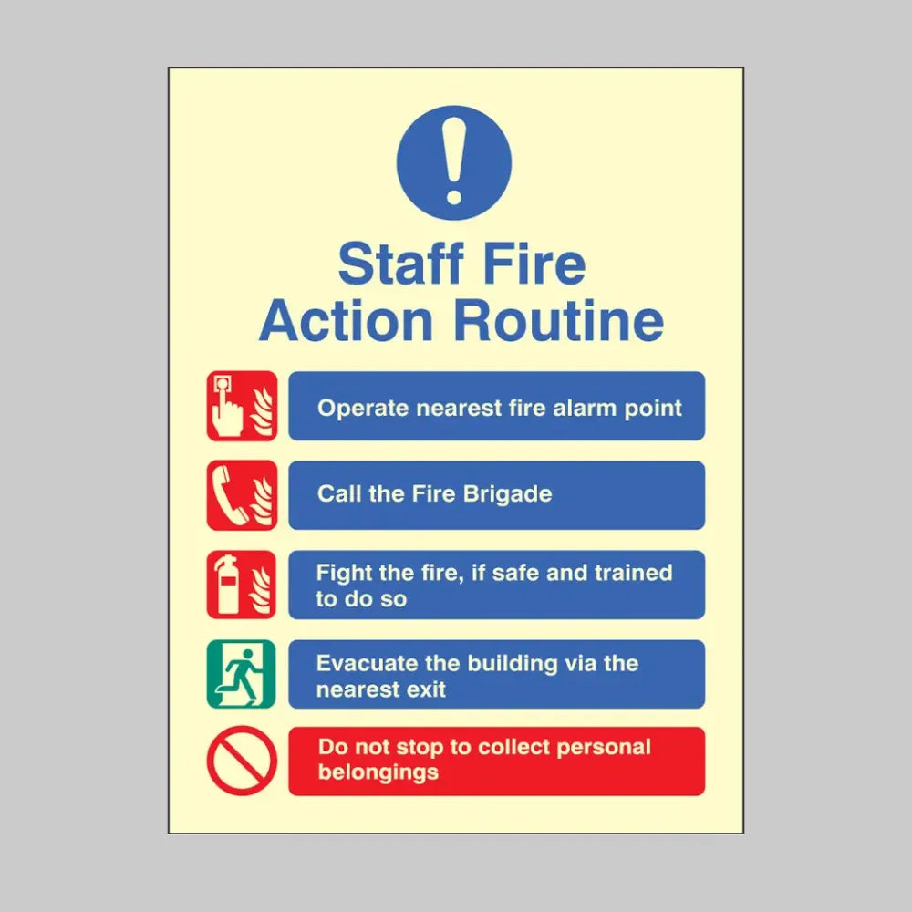 31439Y Staff fire action routine Photoluminescent Rigid (200x300mm) Safety Sign