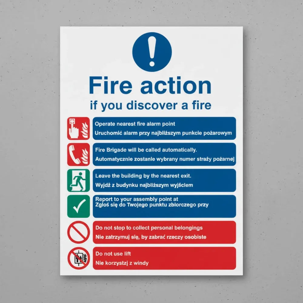 21440Y Fire action auto dial with lift (English & Polish) Self Adhesive Vinyl (200x300mm) Safety Sign