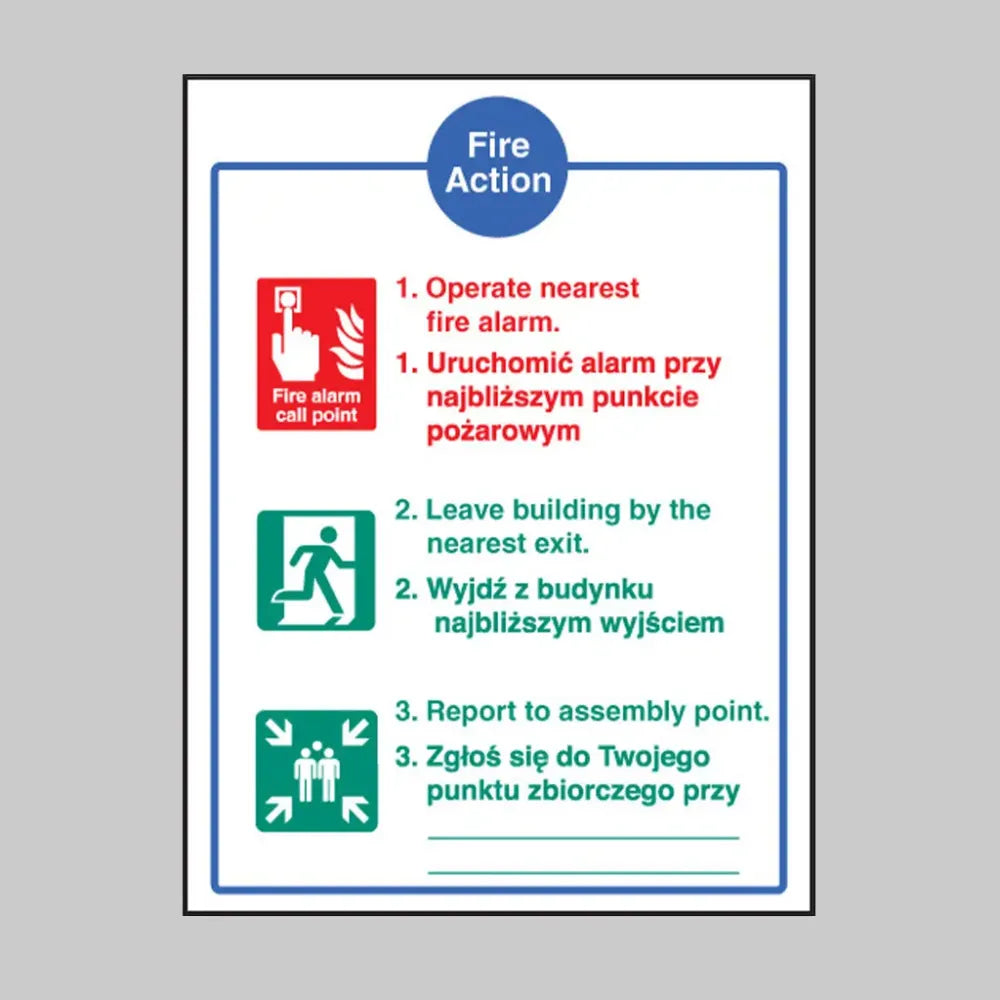 11441Y Fire action auto dial without lift (English & Polish) Rigid Plastic (200x300mm) Safety Sign