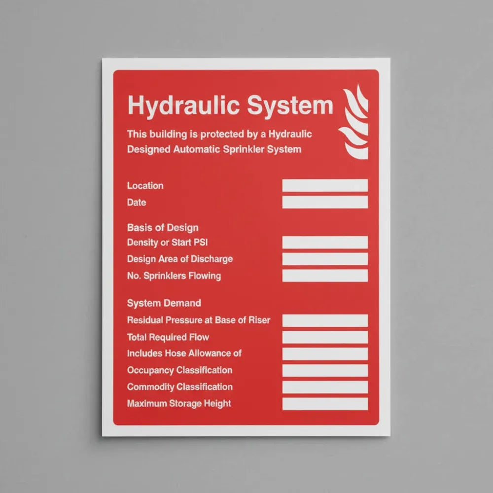 11452H Hydraulic sprinkler system ID plate sign Rigid Plastic (300x250mm) Safety Sign